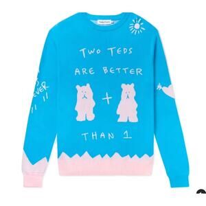 Teddy Fresh “Two Teds Are Better Than One” Sweater Blue Graphic Pullover Large